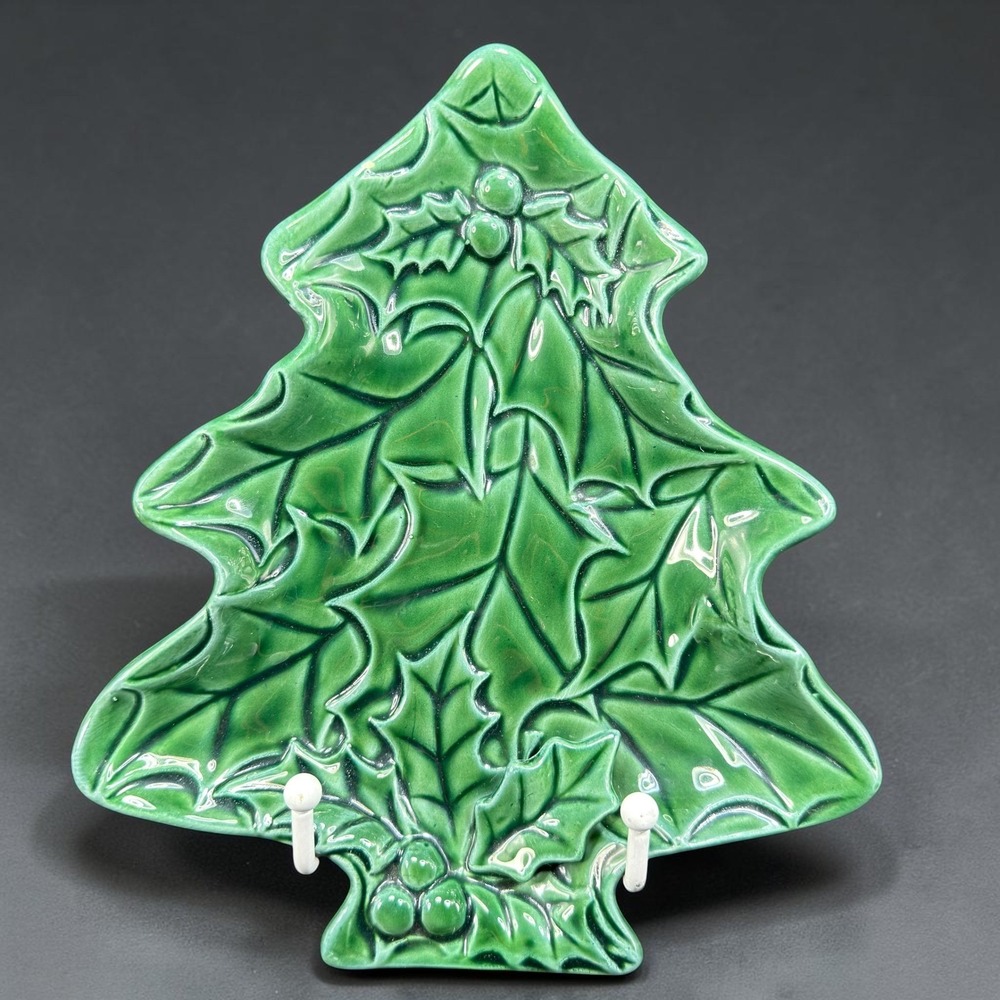 Vintage 1970s Green Ceramic Christmas Tree Holly Leaf Candy Dish Trinket Tray 8"